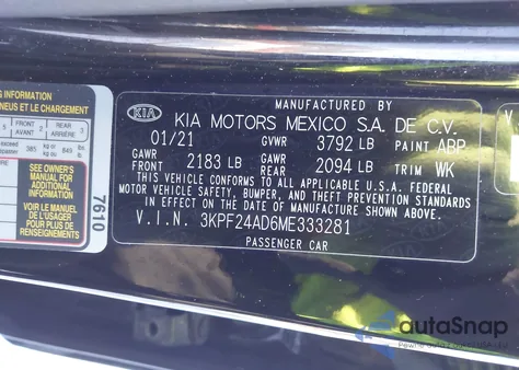 2021 Kia Forte Lxs z USA, uszkodzony, nr VIN 3KPF24AD6ME333281